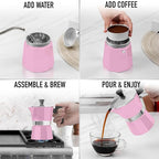 Zulay Moka Pot Espresso Stovetop Coffee Maker - Leak-Proof, Stainless Steel, Easy to Clean, Heat Resistant Handle & Knob - for Authentic Cuban & Italian Style Espresso - Makes 3 Espresso Cups - Pink