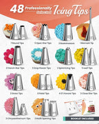 RFAQK 250 PCs Aluminum Cake Decorating Tools Kit with 12" Metal Turntable & Knife set-48 Numbered Icing Tips-3 Russian Piping Nozzles-Straight & Angled Spatula-Cake Leveler& Baking Supplies Tools