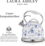 VQ Laura Ashley China Rose 2.5L Stainless Steel Tea Kettle Stovetop Whistling Teapot for Induction, Gas Hob or others. Silicon Coated Cool Handle & Push Button Mechanism Vintage Stove Top Kettle