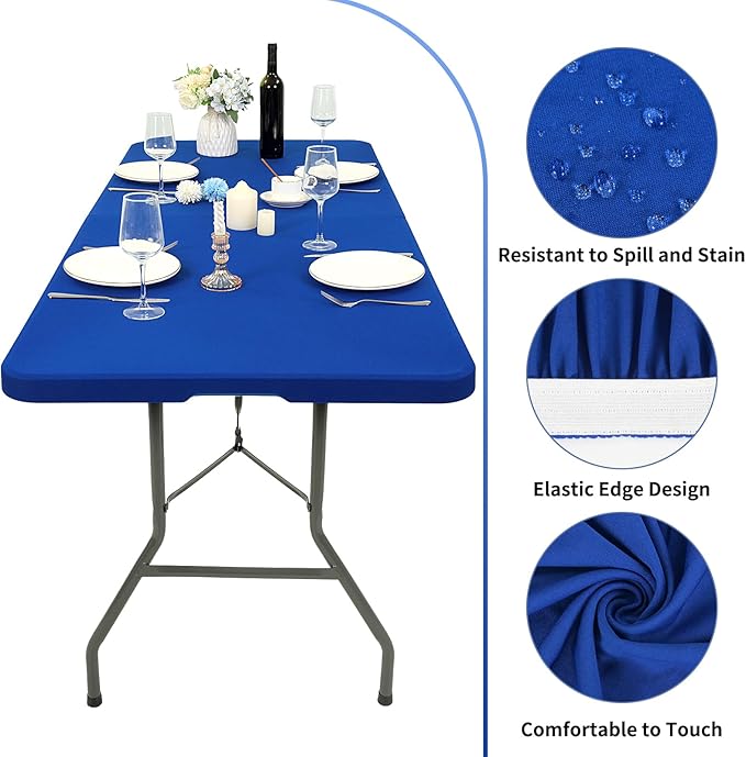 6 Pack Stretch Fabric Table Top Cap Cover, fits 6' Tables, Spandex Table Covers Washable Elastic Rectangle Tablecloth Protector for Indoor Outdoor Party Picnic Wedding, Royal Blue, 30" W x 72" L