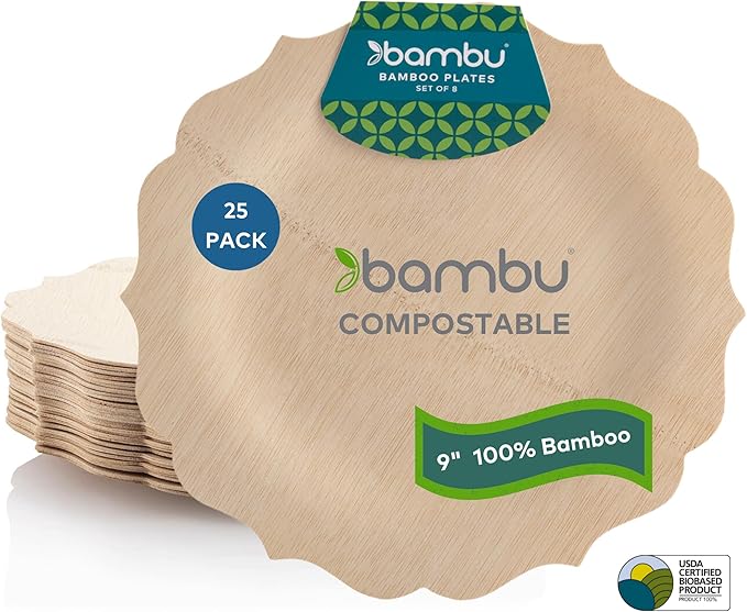 Bambu Pack of 25-9 Inch Disposable Bamboo Plates Fancy, Biodegradable Eco Friendly Products, Bamboo Disposable Plates for Party, Weddings, and Events, Great For Any Occasion, Compostable Plates