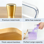 Hudgan 4 Pack Acrylic Storage Containers with Measuring Scoops for Kitchen, Laundry, Pantry, Clear Sturdy Plastic with Gold Handle Perfect for Dried Goods, Snacks, Detergent