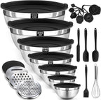 BEWOS 21 Pcs Mixing Bowls with Airtight Lids - 7 Stainless Steel Bowls, 3 Graters, 11 Practical Kitchen Accessories, Dishwasher Safe, Ideal for Baking, Meal Prep & On-the-Go, Easy to Store