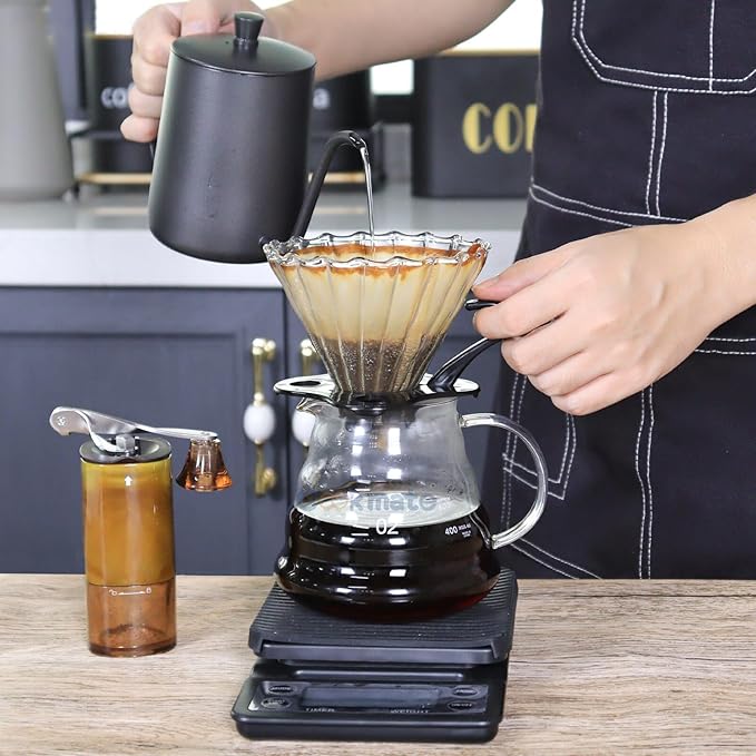 SOTECH Pour Over Coffee Maker Set, Coffee Kettle Scale, Pour Over Coffee Dripper, Bean Grinder, Glass Server, Drip Cup, Filter Paper, All in 1, Traveling Camping Hiking