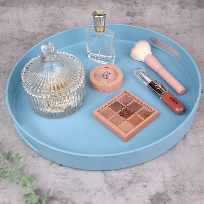 Round Blue Decorative Serving Tray with Handles, 13” Versatile Ottoman Tray for Coffee Table, Entertaining, Outdoor Patio, Living Room