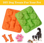 2 Pack Puppy Dog Paw and Bone Shaped 2 in 1 Silicone Molds, Reusable Non-Stick Ice Cube Trays & Candy Chocolate Molds for Homemade Dog Treats, Pudding & Baking Biscuit (Green Orange)
