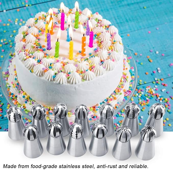 13 PCS Russian Piping Tips, Stainless Steel Russian Piping Tips Set, Russian Tips Set for Decorating Cake Cream Cookies Pastry Baking Tools