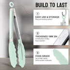 HOTEC Premium 7 & 9 Inch Kitchen Tongs, Stainless Steel Locking Cooking Tongs with Silicone Tips, Non-Scratch & Heat Resistant, Serving Tongs for Salad, BBQ, Light Green, Set of 2