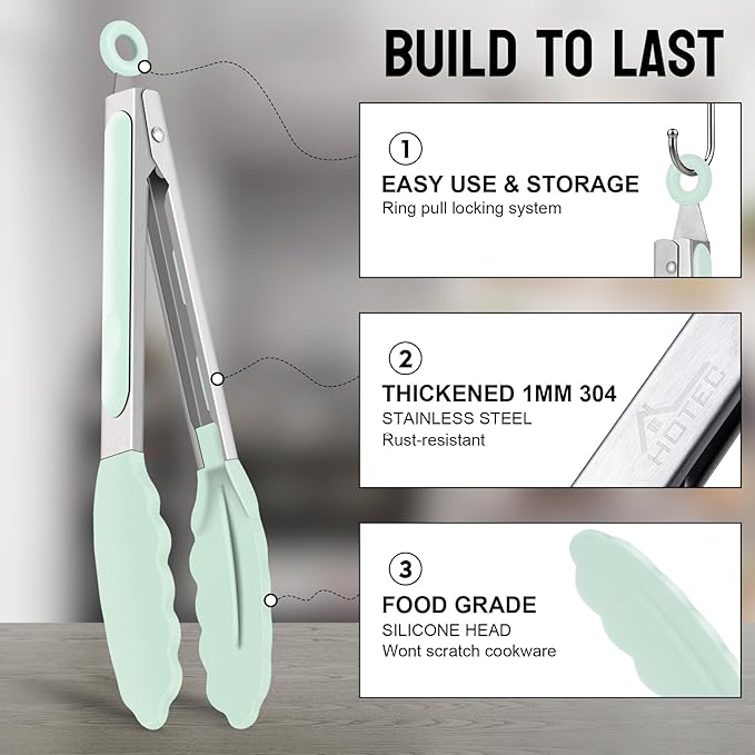 HOTEC Premium 7 & 9 Inch Kitchen Tongs, Stainless Steel Locking Cooking Tongs with Silicone Tips, Non-Scratch & Heat Resistant, Serving Tongs for Salad, BBQ, Light Green, Set of 2