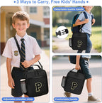 Initial Insulated Lunch Bag for Boys Kids, Back to School Gift, Reusable Leak-proof Lunch Box with Adjustable Strap for School Daycare Travel Picnic（Black，P）