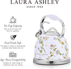 VQ Laura Ashley Elveden White 2.5L Stainless Steel Tea Kettle Stovetop Whistling Teapot for Induction, Gas Hob or others. Silicon Coated Cool Handle & Push Button Mechanism Vintage Stove Top Kettle