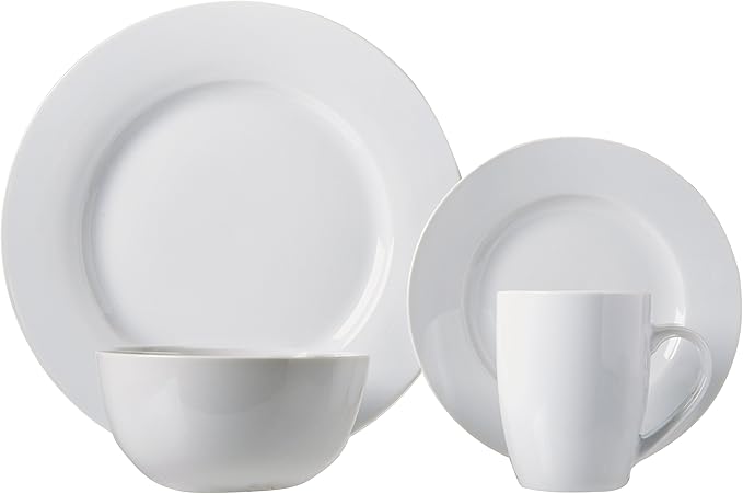 Amazon Basics 16-Piece Porcelain Kitchen Dinnerware Set with Plates, Bowls and Mugs, Service for 4 - White