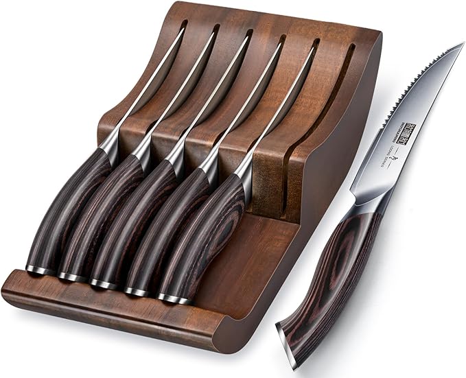 HOSHANHO Steak Knives Set of 7, 4.5 Inch Serrated Steak Knife Set with Block, Japanese High Carbon Steel Kitchen Steak Knives with Ergonomic Handle