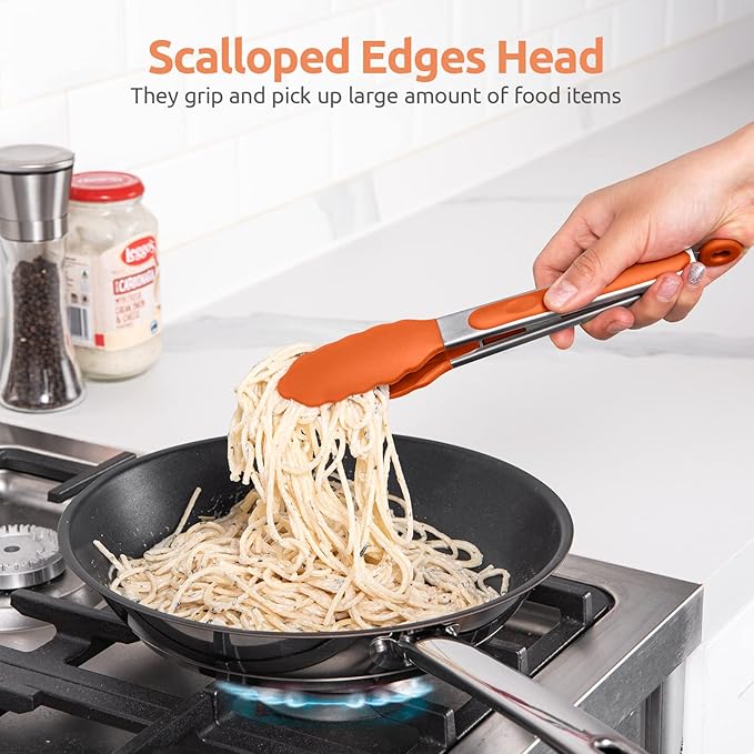 Heat Resistant Silicone Kitchen Tong: U-Taste 9 inch 480ºF Hot Proof Cooking Tong with Firm Sealed Non Stick Rubber Tips & Silicon Coated Steel Handle & Smooth Locking for Serving Grill Salad (Orange)