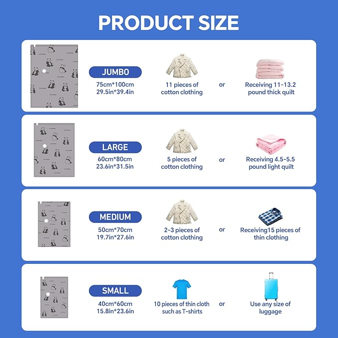 5 Jumbo + 5 Large Tear-Proof Vacuum Storage Bags with Pump, Oxford Fabric Reusable Space Saver Vacuum Storage Bags for Travel, Clothing, Luggage, Packing, Blankets, Quilt