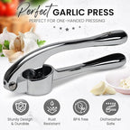 Premium Garlic Press, Garlic Mincer Set of 3 with Silicone Roller Peeler & Cleaning Brush, Extremely Durable Garlic Crusher, Ergonomic Handle, Extracts Most Garlic Paste Per Clove