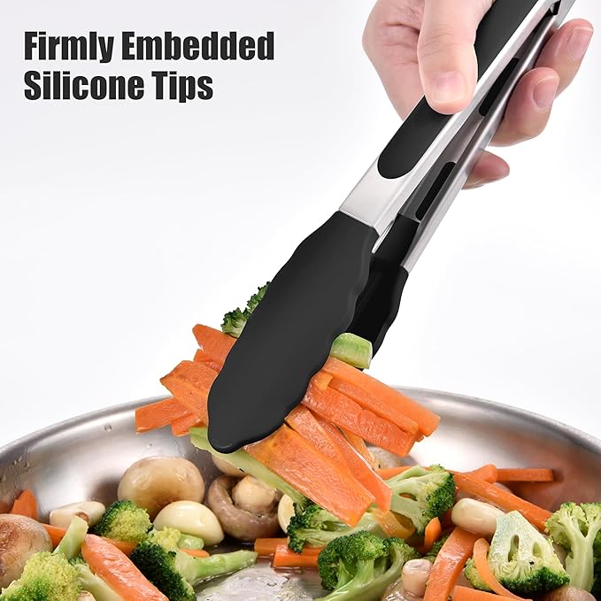 Doosu Kitchen Tongs for Cooking - 600°F Heat Resistant Food Tong Set with Non-Scratch Silicone Tips, Heavy Duty Stainless Steel Locking Tong for BBQ, Grilling Steak, Serving Salad (9+12in, Black)