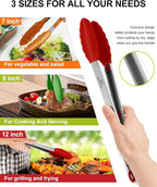 600ºF Heat Resistant Kitchen Tongs, Premium Locking Cooking Tongs with Silicone Tips, Non-Slip Food Tongs for Cooking, Non-Stick, Heavy Duty Stainless Steel Handle, Set of 3-7" 9" and 12" Multicolor
