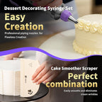 Dessert Decorating Syringe Set icing piping kit Stainless Steel frosting piping kit with 31 professional piping tips 50 disposable piping bags 1 silicone spatula 1 set of soft cake scrapers, Purple