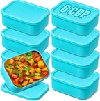 Nuogo 8 Pcs 6 Cup Silicone Freezer Trays with Lid Soup Containers Reusable Freezer Silicone Molds Rectangle Containers Ice Trays for Sauces Stews Curries, Lake Blue