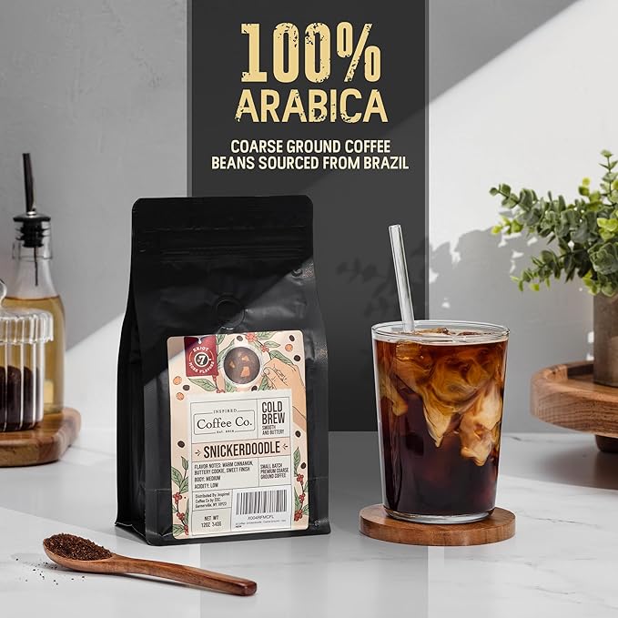 Inspired Coffee Co Snickerdoodle Flavored Cold Brew Coarse Ground Coffee Beans - Medium Roast - Low Acid Coffee Smoother Taste - 100% Arabica - 12 oz. Resealable Bag