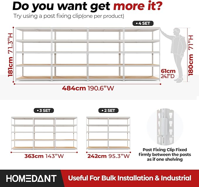 HOMEDANT White 5 Tier Laminated Boltless Heavy Duty Garage Storage Adjustable Wide Size Metal Shelving Unit Utility Rack Shelves Organization Shelf Shed Warehouse 47.7" W x 24.1" D x 71.3" H 4Pack