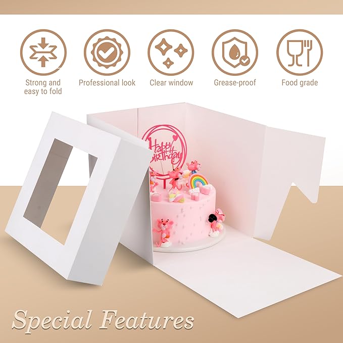Cakebon Cake Boxes with Boards - 8 Inch Round Cake Drum Gold - Box With Window for Birthdays, Weddings and Parties (1pc Each, 2pcs Total)