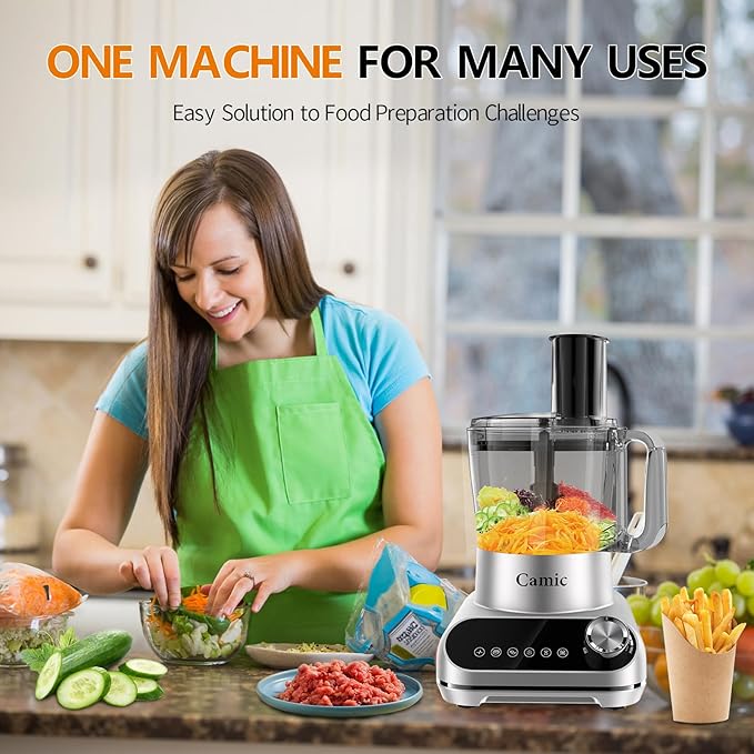 Camic 600W Food Processor, 72OZ Large Capacity Countertop Electric Vegetable Chopper with 6 Preset Programs,BPA Free, Stainless Steel Blades for Ice Crushing, Mixing, Chopping,Clicing