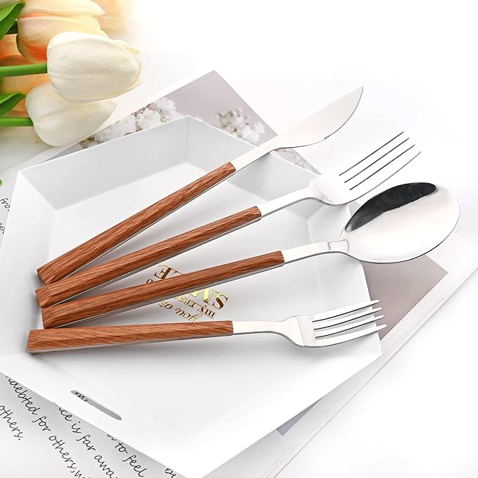 20 Piece (4 Set) Silver Stainless Steel Tableware With Wooden Handle, Wedding Cutlery And Daily Use, Silverware For Home Restaurant Party, Mirror Finished