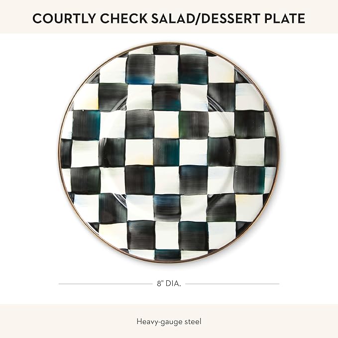 MACKENZIE-CHILDS Enamel Salad and Dessert Plate, Small Plate for a Dessert or Appetizer Dish, 8 Inches, Black-and-White Courtly Check