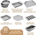 HONGBAKE Bakeware Sets, Baking Pans Set, Nonstick Oven Pan for Kitchen with Wider Grips, 10-Piece Including Rack, Cookie Sheet, Cake Pans, Loaf Pan, Muffin Pan, Pizza Pan - Sliver