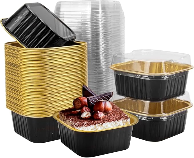 50 Pcs Mini Square Baking Cups with Lids,5oz Aluminum Foil Mini Cake Pans with Lids,Disposable Ramekins Cake Pans,150ml Dessert Cups Cupcake Pans for Wedding Birthday Party,Black Gold