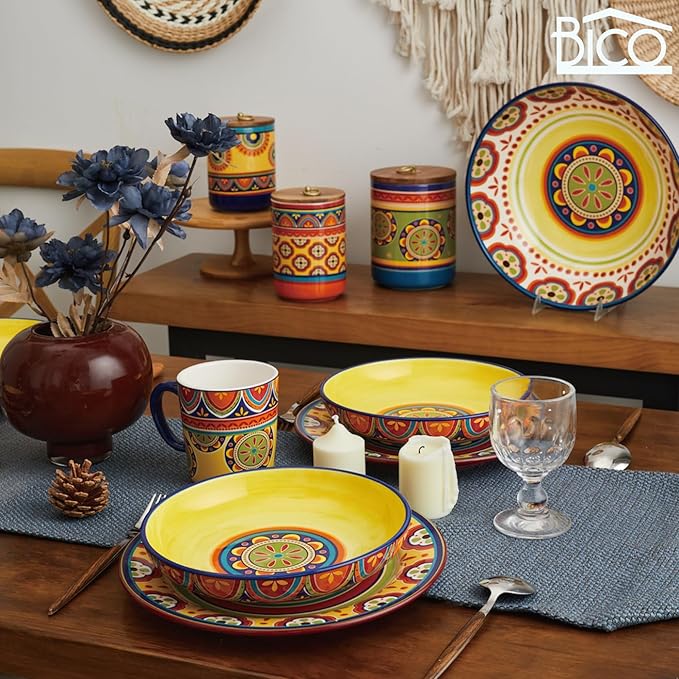 Bico Tunisian Pasta Bowls, 35oz Salad Bowl Set of 4, Large Ceramic Serving Dinner Bowls for Soup and Cereal, Microwave and Dishwasher Safe, Gift for Housewarming and Thanksgiving