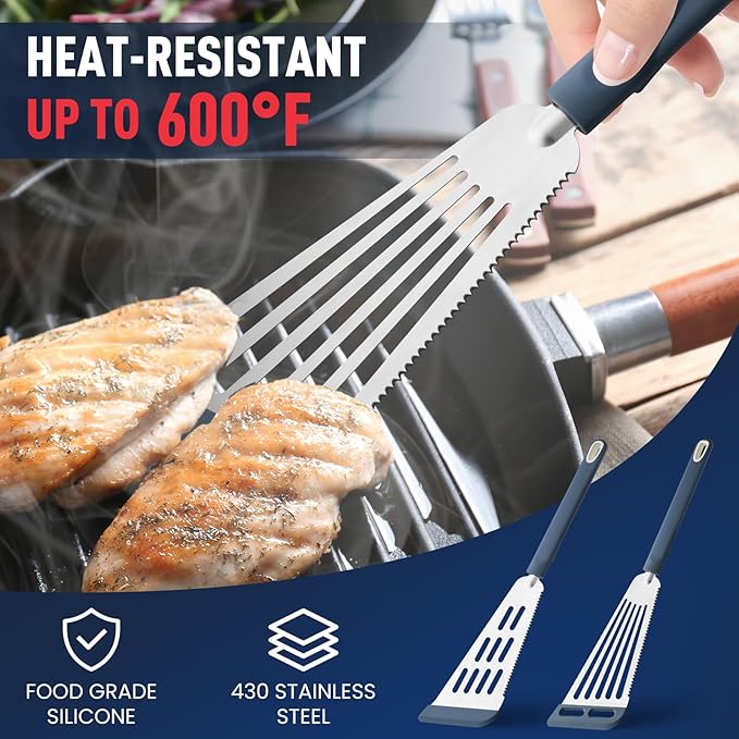 Silicone Fish Spatula Turner Set of 2,2-in-1 Heat Resistant Silicone Slotted Fish Spatulas for Nonstick Cookware,Flexible Thin Stainless Steel Slotted Fish Turner Spatula Flipper for Fish,Egg,Pancake