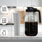 Cold Brew Coffee Maker, 64oz Iced Coffee Tea Pitcher with Stainless Steel Filter & Coffee Mat, 1/2 Gallon Heavy Duty Glass Mason Jar Cold Brew Maker with Pour Spout Handle Lid, 2 Brushes, Leak-Proof