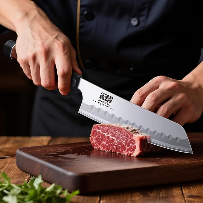SHAN ZU 7 Inch Japanese Chef Knife, 9 Layers 10Cr15MoV High Carbon Steel Professional Kitchen Knife, Sharp Cooking Knife with Ergonomic Red Sandalwood Handle, Meat Cutting Santoku Knife