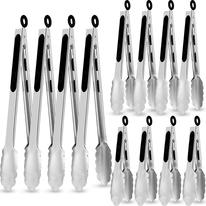 Chengu 12 Pack Stainless Steel Kitchen Tongs 7/9/12 Inches Food Serving Clip Kitchen Cooking Tongs High Heat Resistant Clips for Cooking Non Stick Locking Grill Salad (Black)