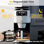Drip Coffee Maker with Built-in Grinder, 10-Cup Programmable Brew Coffee Machine with Timer, Touch Screen, Self-Cleaning, Reusable Filter, 1.5L Removable Water Tank, Warming Plate, White