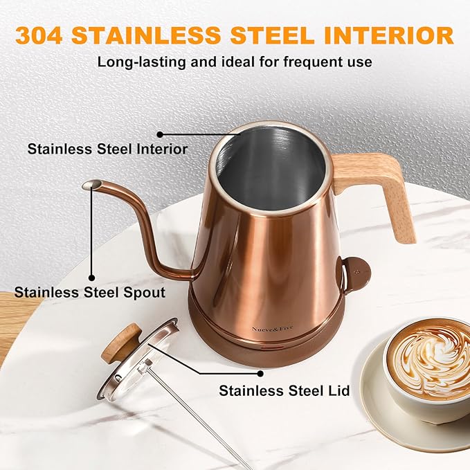 Nueve&Five Gooseneck Electric Kettle with Thermometer, Copper Tea Kettle with Auto Shut-Off,1000W Hot Water Kettle Electric of Stainless Steel,Electric Kettles for,Coffee & Tea