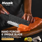 Huusk Japanese Meat Cleaver Knife - 6.7" Hand Forged Knives, 3 Layers 9CR18MOV High Carbon Kitchen Knife, Professional Sharp Cooking Knives with Ergonomic Handle for Meat, Vegetables, Fish