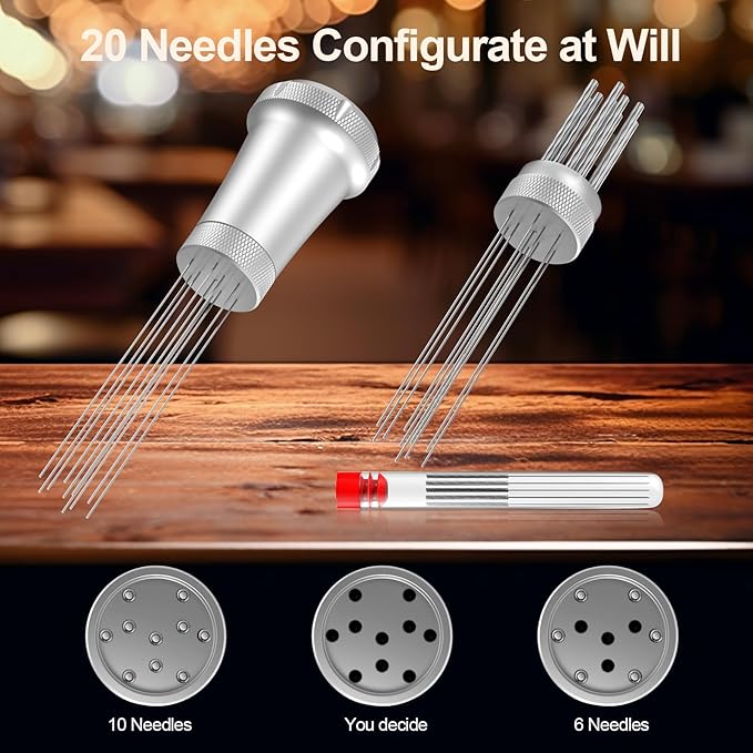 WDT Espresso Stirrer, Espresso Distribution Tool with Self Cleaning Brush, 10 x 0.35mm WDT Needles and Extra 10 Needles for Espresso Distributor, Aluminum Handle with Stand for Barista