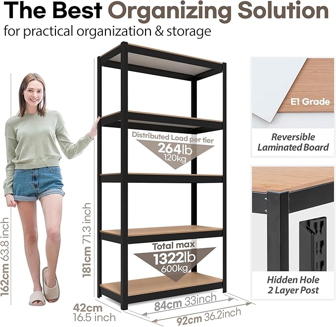 HOMEDANT House Black 5-Tier Laminated Metal Shelving Unit Adjustable Storage Utility Rack Heavy Duty Shelves Organization Shelf Kitchen Garage Pantry Closet 3Pack