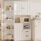 Gizoon 60.4" Pantry Cabinet with Coffee Bar, Tall Kitchen Pantry Storage Cabinet with Microwave Stand and 2 Drawers, Farmhouse Hutch with 4 Open Tiers for Dining Room and Kitchen Organization, White