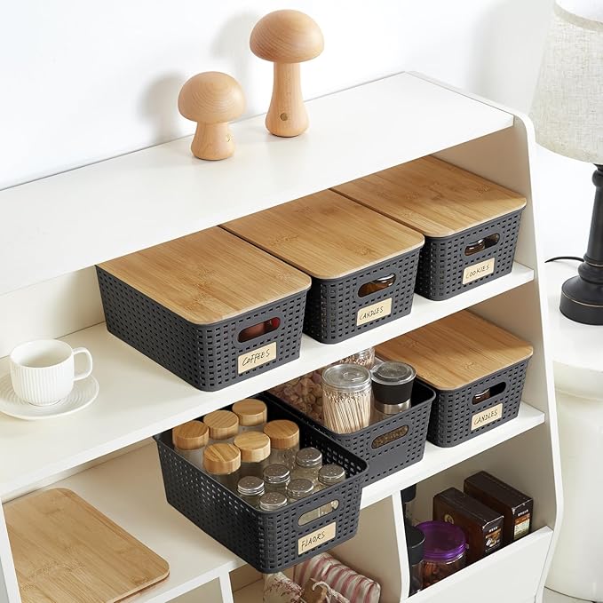 Small Plastic Storage Bins with Bamboo Lids 5.2qt Stackable Box Basket Pantry Decorative Containers Cute with Lable for Organizing Desktop Closet Office Gray of 6 packs 10 * 7.2 * 4.1'’