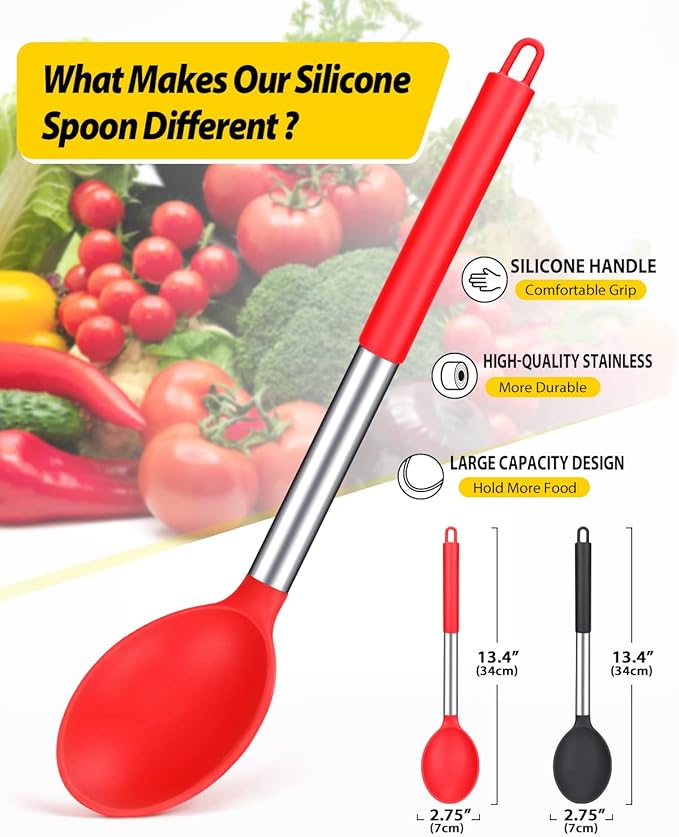 Pack of 2 Large Silicone Cooking Spoon Non Stick Solid Basting Spoons Heat-Resistant Kitchen Utensils for Mixing Serving (Black-Red)