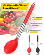 Pack of 2 Large Silicone Cooking Spoon Non Stick Solid Basting Spoons Heat-Resistant Kitchen Utensils for Mixing Serving (Black-Red)