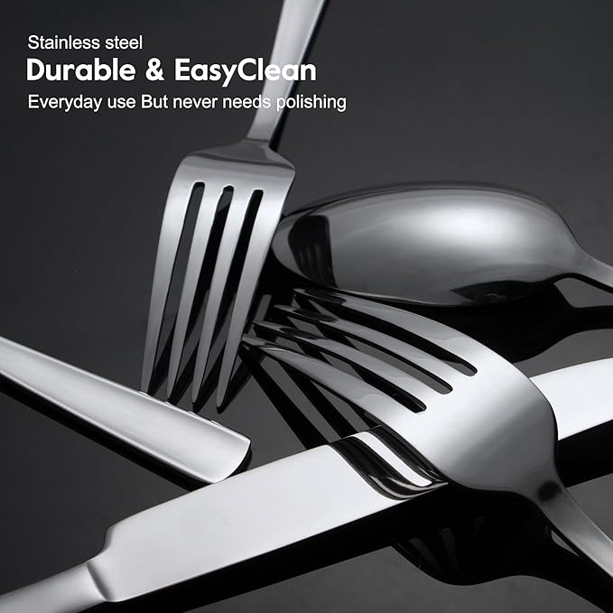 45-Piece Flatware Sets, Silverware Set for 8, Durable Stainless Steel Tableware in Ergonomic Design Size and Weight, Kitchen Utensils Set with Steak Knives, Rust-proof, Dishwasher Safe