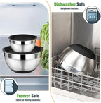 P&P CHEF Mixing Bowl with Lids Set of 3, Stainless Steel Nesting Salad Bowls for Serving Preparing, 3 Grater Attachments & Non-Slip Bottoms, Size 1.5/2.6/4.6 QT, Black