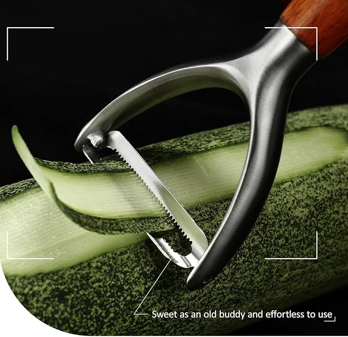 Premium high-end rosewood handle and 304 stainless steel serrated blade - ultra-sharp KULUNER Y-shaped rotary peeler for potatoes, fruits and vegetables, ergonomically designed for easy peeling