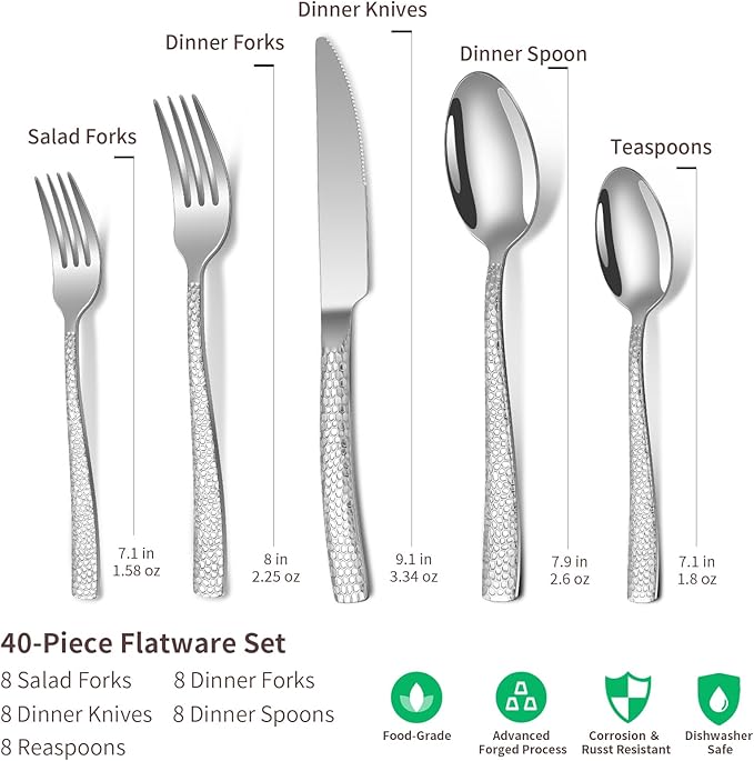 40-Piece Silverware Set, Silver Hammered Stainless Steel Flatware Sets for 8, Food-Grade Tableware Set, Including Fork Knife Spoon Set, Home Kitchen Cutlery Sets, Dishwasher Safe